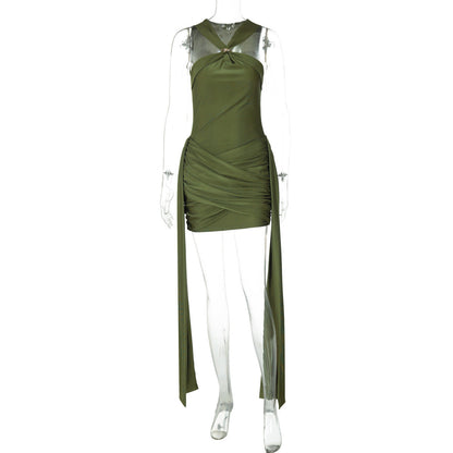 Women's Sleeveless Halter Neck Pleated Waist Slimming Dress