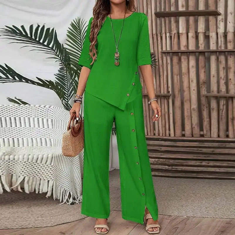 Elegant And Fashionable Casual Button Half-sleeve Shirt Loose Two-piece Set