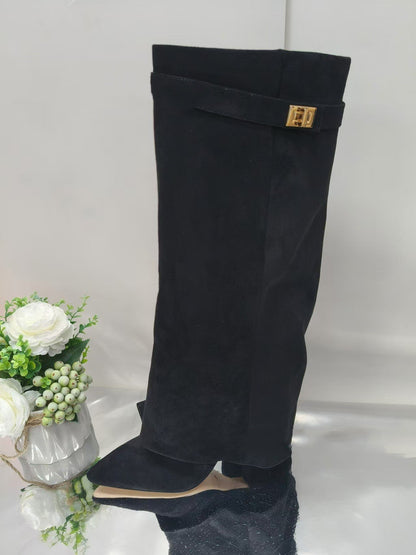 Ins Pant-tube Boots Pointed Toe Chunky Heel Shoes WInter Knight Mid-calf Dress Boot For Women