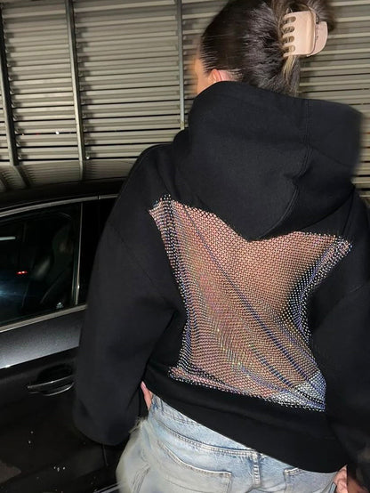 Casual Patchwork Mesh Diamond Hooded Sweatshirt
