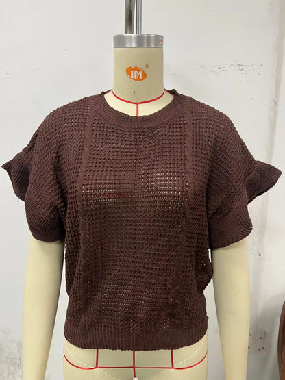 Twisted String Ruffled Short Sleeves Round Neck Knitted Pullover Knitted Sweater