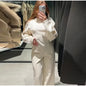Fashion Long Sleeve O-neck Pleated Top Wide Leg Pants Women's Suit