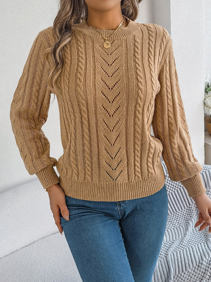 Women Casual Solid Color Hollow Out Lantern Sleeve Pullover Sweater