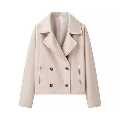 French Style Lapel Double Breasted Short Woolen Casual Loose Jacket Coat