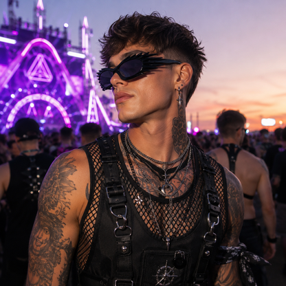 Black Futuristic Spikey Ridged Sunglasses – Cyber Rave Statement Glasses
