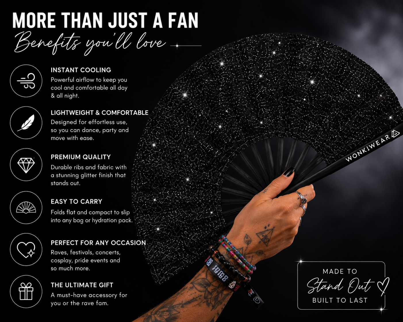 Black Glitter Festival Fan + Matching Leg Holster – Ultimate Rave Bundle