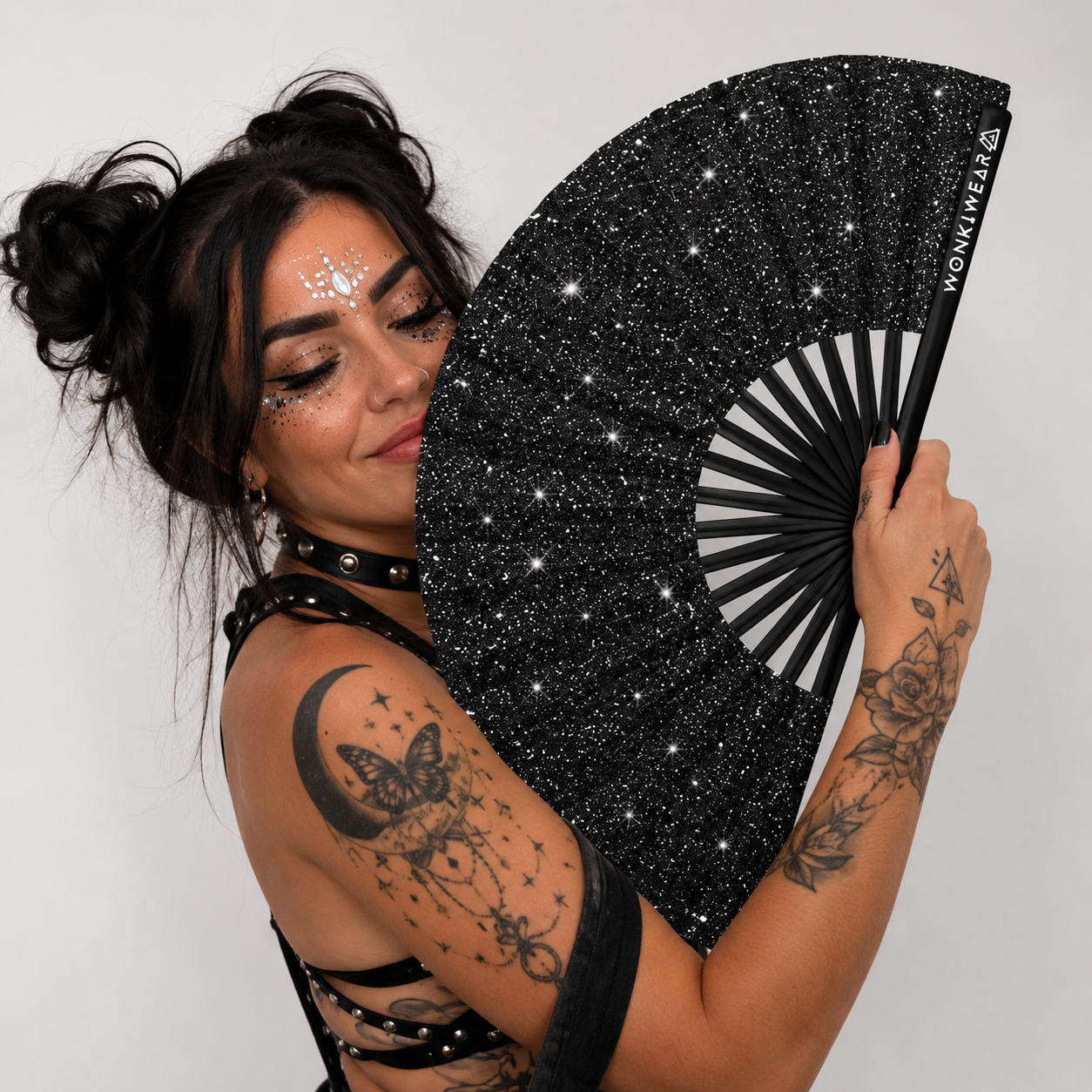 Black Glitter Festival Fan + Matching Leg Holster – Ultimate Rave Bundle
