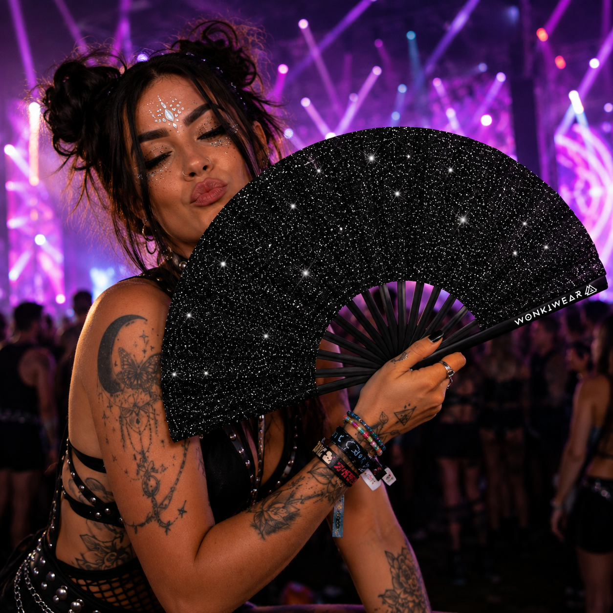 Black Glitter Festival Fan + Matching Leg Holster – Ultimate Rave Bundle