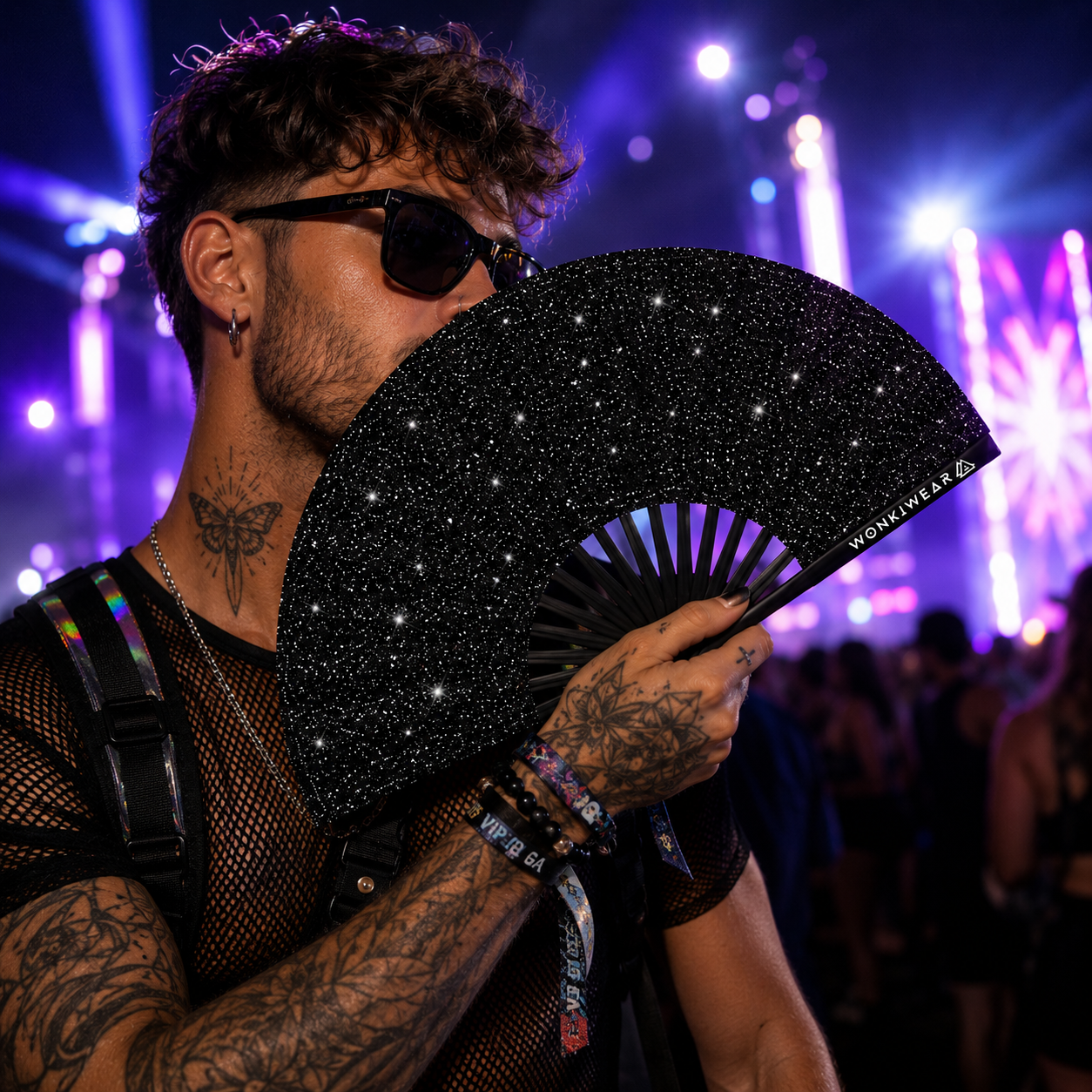 Black Glitter Festival Fan + Matching Leg Holster – Ultimate Rave Bundle