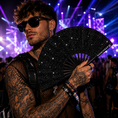 Black Glitter Festival Fan + Matching Leg Holster – Ultimate Rave Bundle