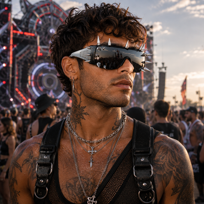 Black Punk Spike Shield Sunglasses – Futuristic Cyber Rave Festival Glasses