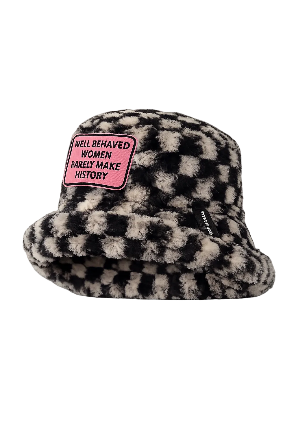 Handmade Black & White Chequered Furry Bucket Hat – Well Behaved Women Rarely Make History