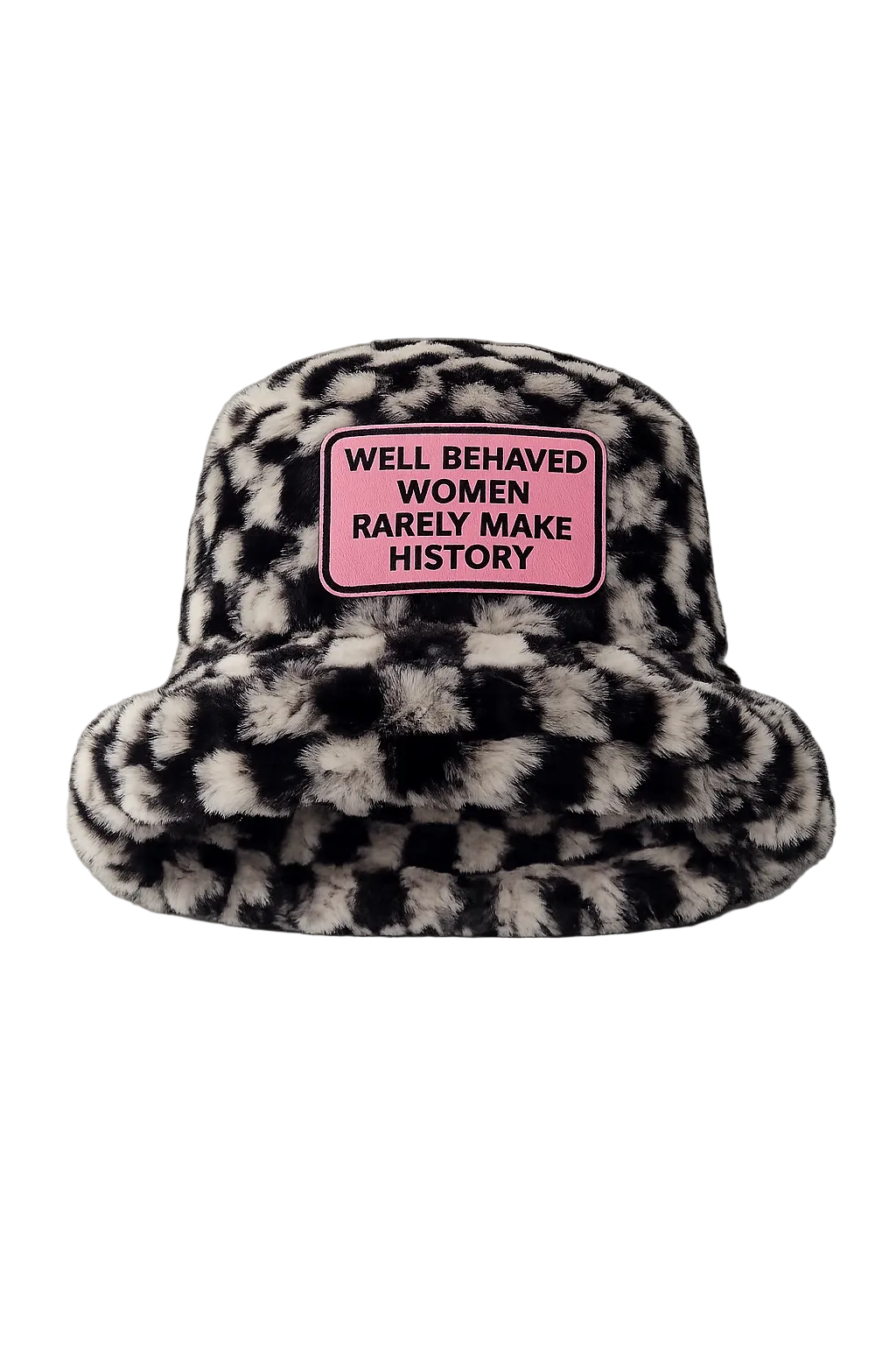 Handmade Black & White Chequered Furry Bucket Hat – Well Behaved Women Rarely Make History