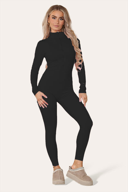 Ribbed High Neck Zipper Collar Jumpsuit Front Unitard Set