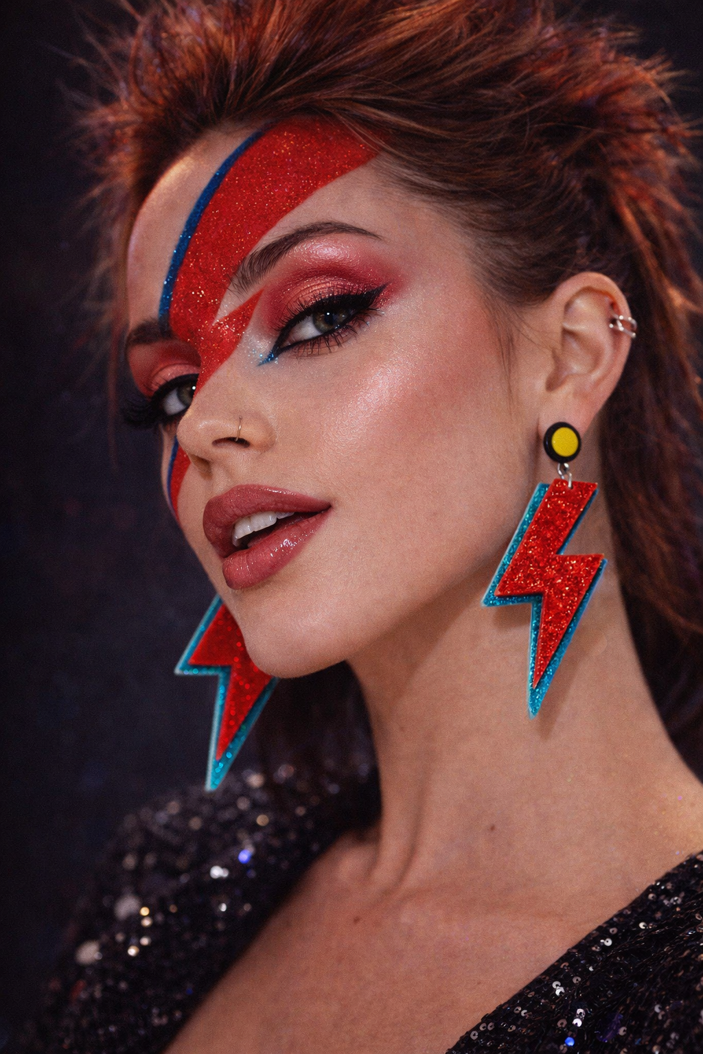Lightning Bolt Earrings UK – Glitter Statement Drop Earrings (Red & Blue Glam Rock Style)