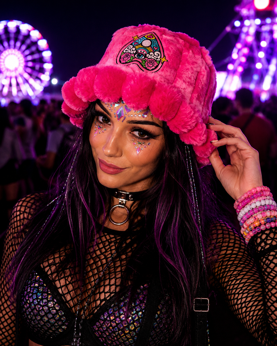 Handmade Bright Pink Psychedelic Furry Bucket Hat – Festival & Rave Statement Hat