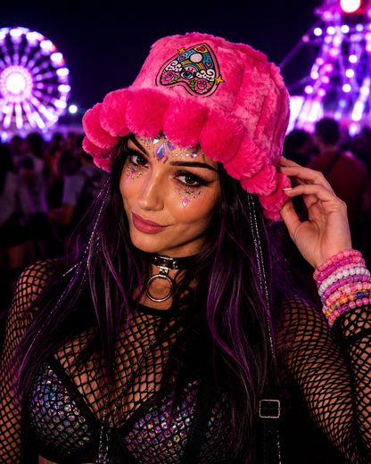 Handmade Bright Pink Psychedelic Furry Bucket Hat – Festival & Rave Statement Hat