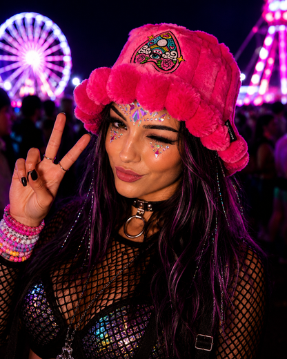 Handmade Bright Pink Psychedelic Furry Bucket Hat – Festival & Rave Statement Hat