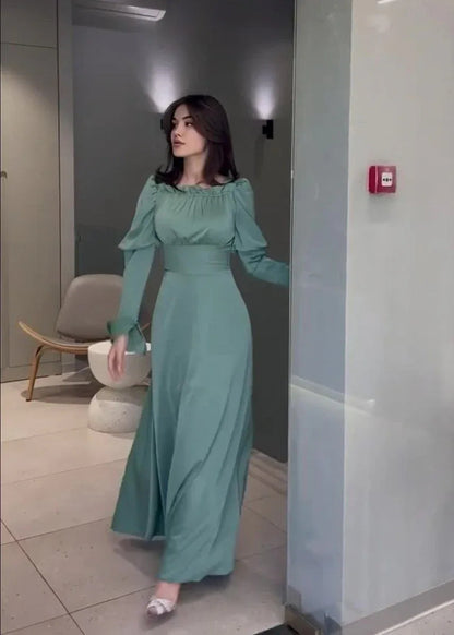 Bubble Collar Wooden Ear Waist Tight Solid Color Long Sleeve Dress