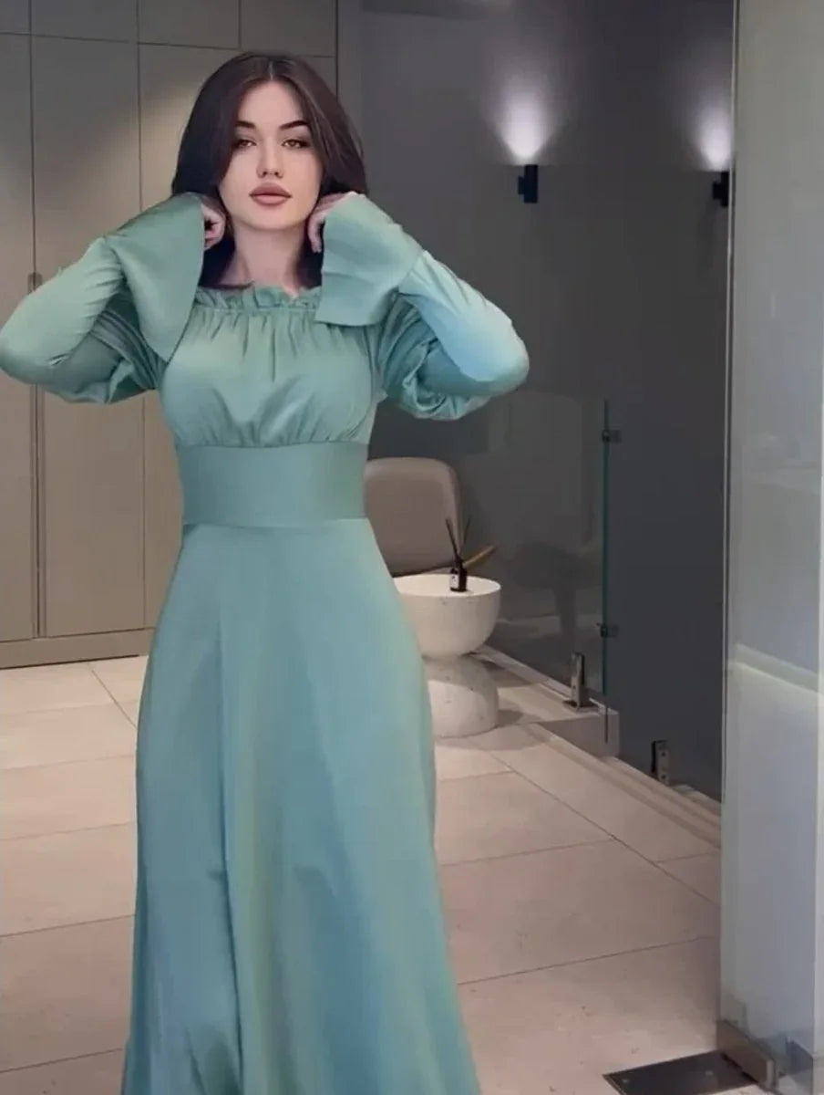 Bubble Collar Wooden Ear Waist Tight Solid Color Long Sleeve Dress