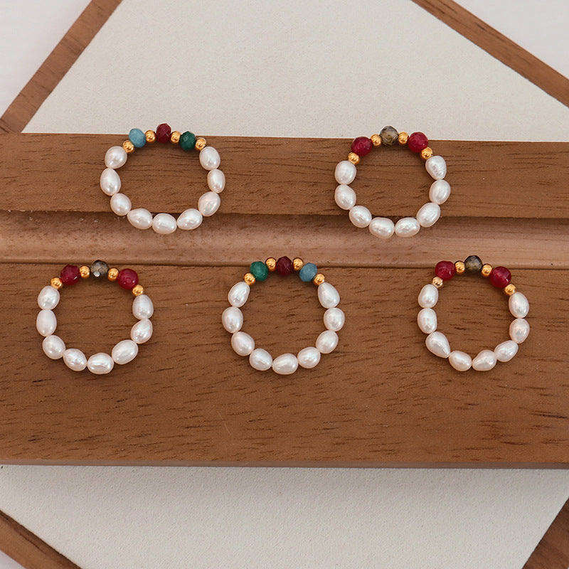Freshwater Pearl And Agate Beaded Stretchy Cord Ring