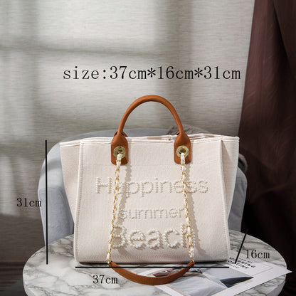Women's Fashion Large Capacity Pearl Embroidery Canvas Bag