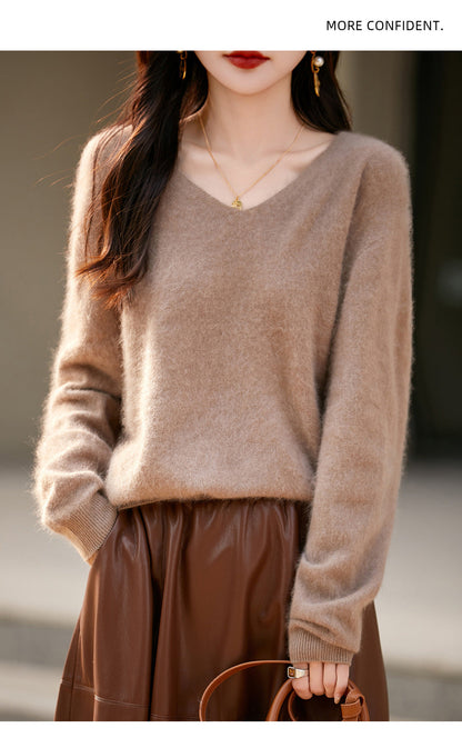 V-neck Cashmere Knit Women's Loose-fit Sweater