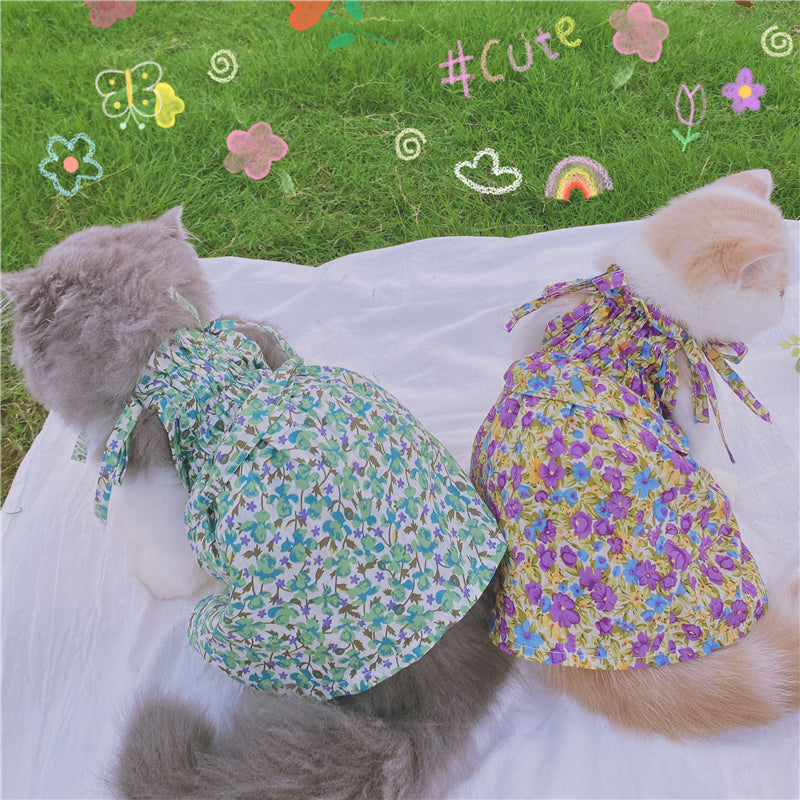 Spring Floral Lavender Pet Sling Skirt Hat Cute Sunscreen Anti-hair Thin Clothes
