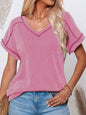Fashionable Two-tone Twisty Stretch Short-sleeve V-neck Top Women's T-shirt