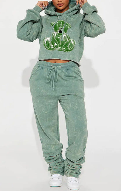 Casual Printed Hooded Short Sweatshirt Set