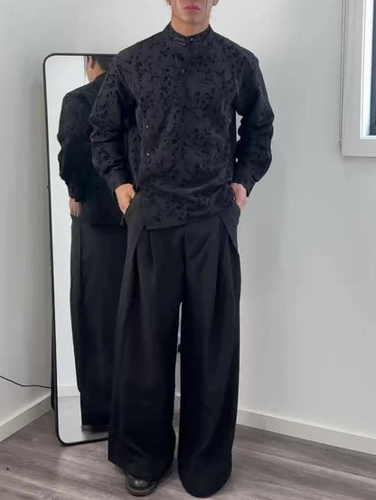 Black Jacquard Mandarin Collar Top With Asymmetric Button Placket