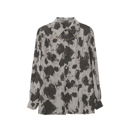 Blouse Long Sleeve Black Gray Color Block Leopard Shirt Button Up Chain Top Single-Breasted Womens Blouses Loose