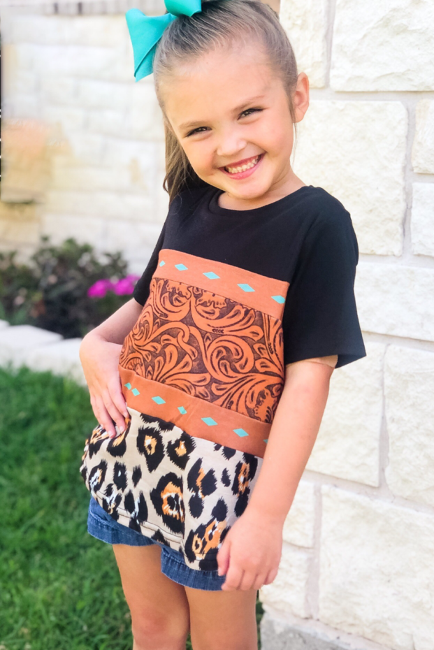 Brown Print Leopard Colorblock Girls' T-shirt