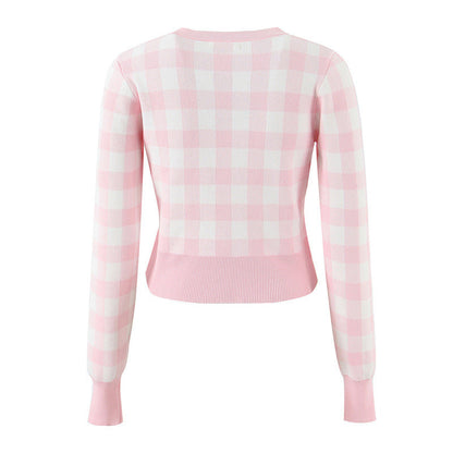 Women's Round Neck Plaid Knitted Cardigan Short Slim-fit Small Coat