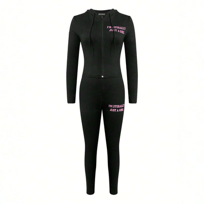 Women's Sporty Letter-Print Long-Sleeve Pants Set