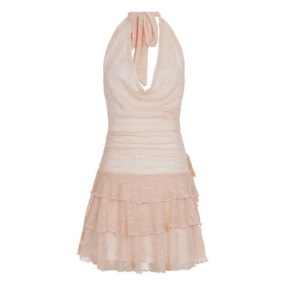 Lace-embellished Backless Pleated Dress Vacation-style
