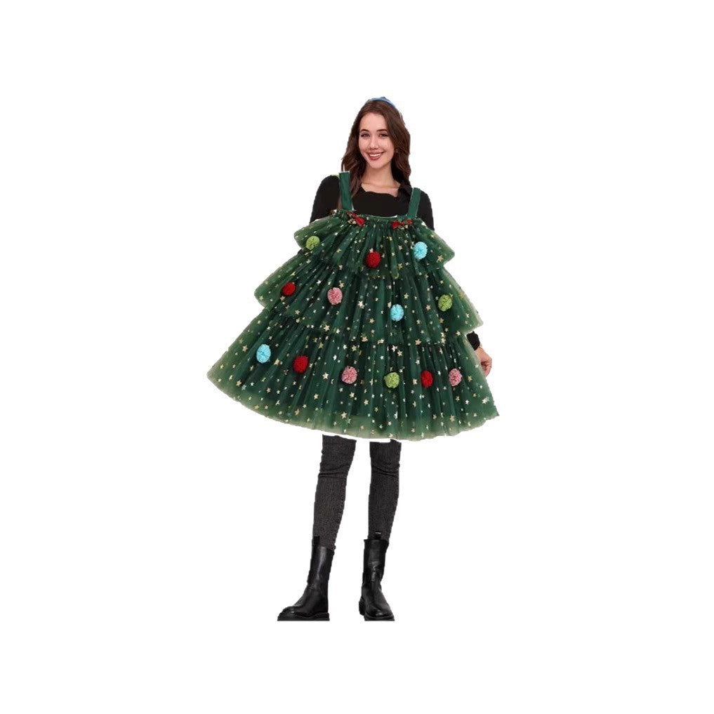 Green Mesh Polka Dot Colorful Ball Decorative Multi-layer Tiered Dress