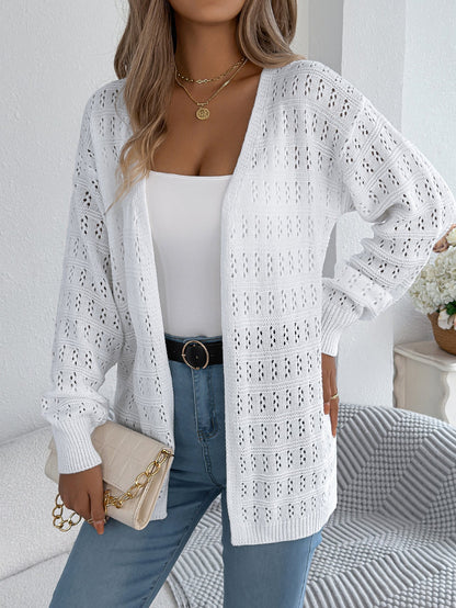 Women Solid Color Hollow Out Lantern Sleeve Long Sleeve Cardigan Sweater Coat