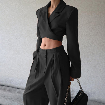 Long-sleeve Cropped Blazer And High-waist Casual Wide-leg Pants Set