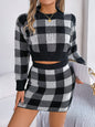 Women Casual Color Block Plaid Long Sleeve Cropped Sweater & Skirt Set