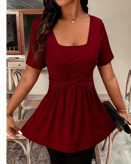 Solid-color Square-neck Front-cross-strap Short-sleeve Casual T-shirt