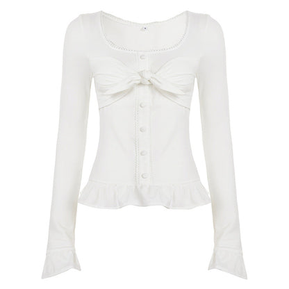 Sweet And Spicy Style With A U-neck And Ruffled Hem, Long-sleeved Design