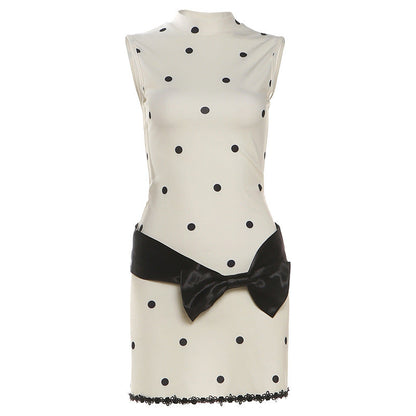 Round-neck Sleeveless Waist-cinching Contrast-color Printed Dress