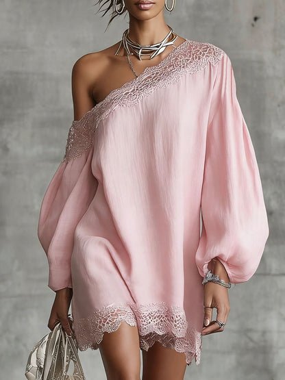 Solid-color Lace-trimmed Casual Off-shoulder Long-sleeve Top