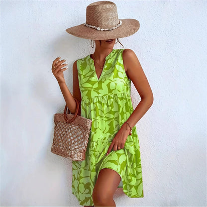 V-Neck Printed Sleeveless A- Line Dress