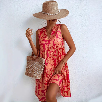 V-Neck Printed Sleeveless A- Line Dress