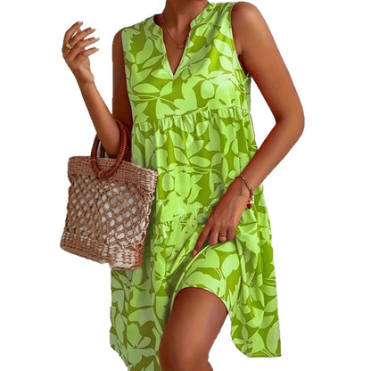 V-Neck Printed Sleeveless A- Line Dress