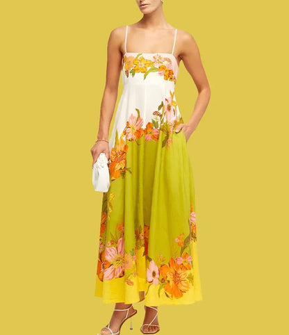 Casual Summer Dress For Women -  High Waist Sleeveless Linen Swing Dress in Elegant Print