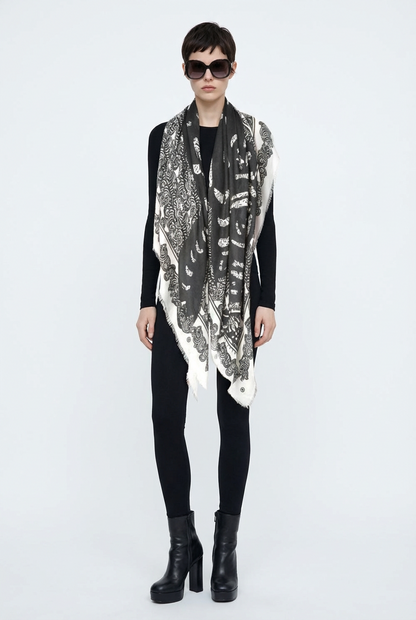 VASSILISA Scarf in Black and White Colour: Cat and Butterfly Print