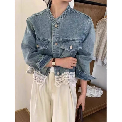Retro Washed Small Stand Collar Lace Stitching Loose Casual Denim Coat Women's Short